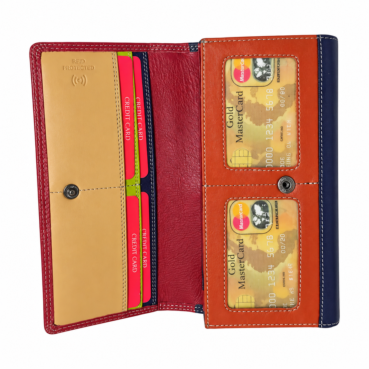 Migant Red and Navy leather long wallet - open ID window view