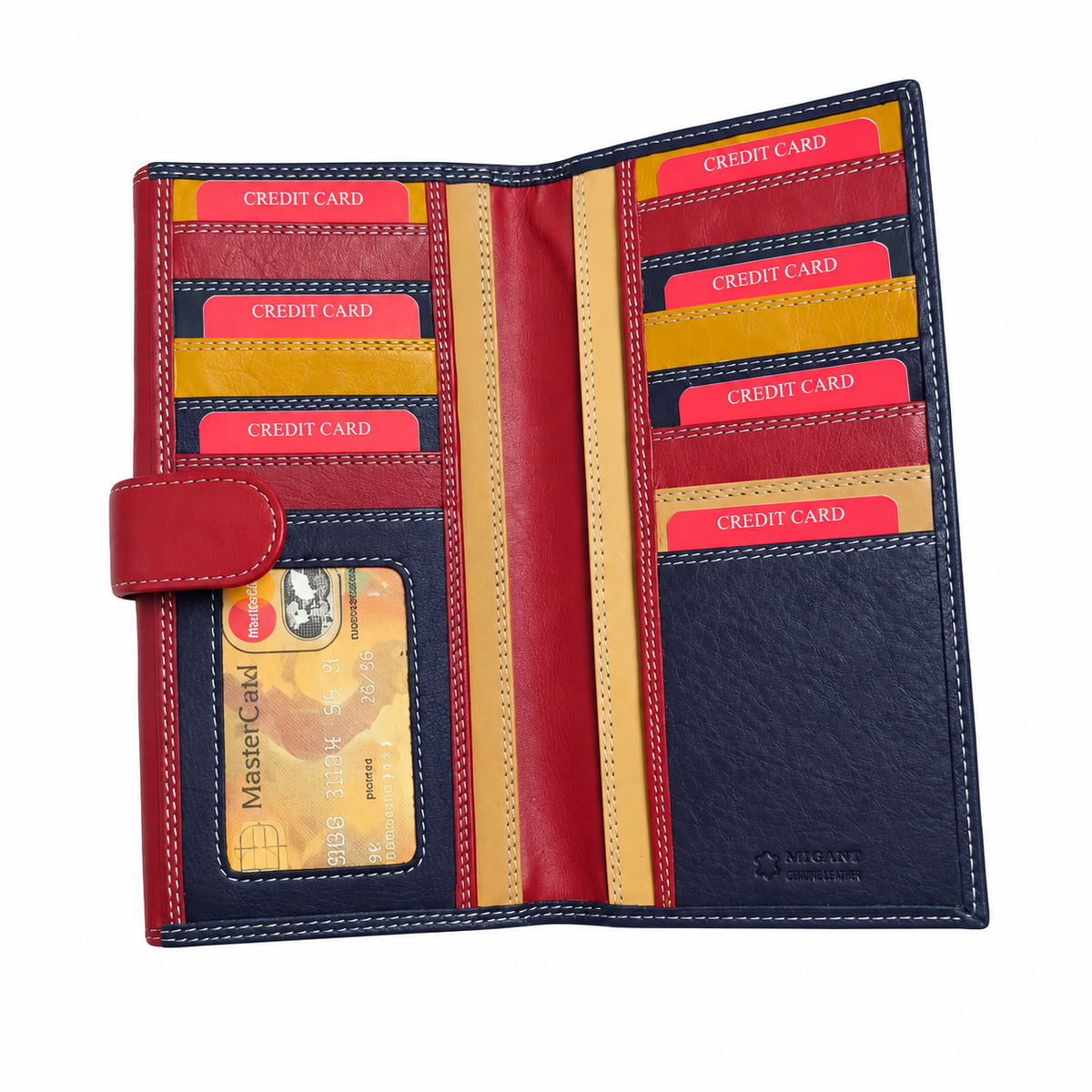 Migant Red and Navy leather long wallet - open card slot view
