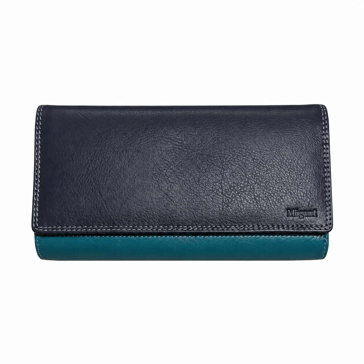 Migant genuine leather long wallet in Navy and Teal - front view