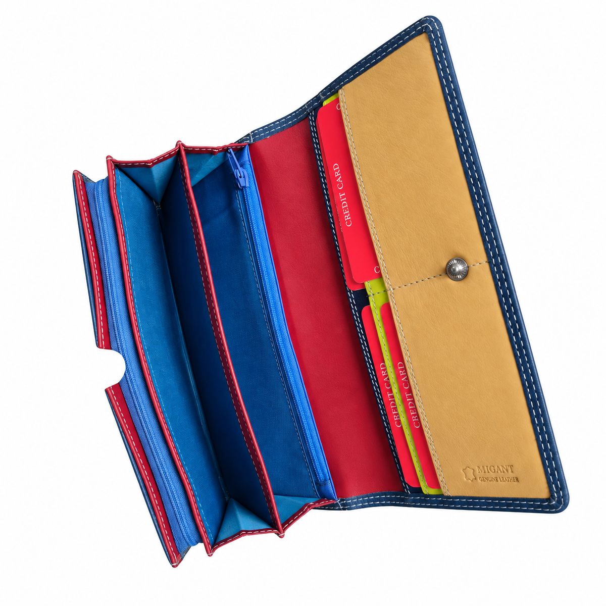 Migant Navy and Teal leather long wallet - accordion compartments