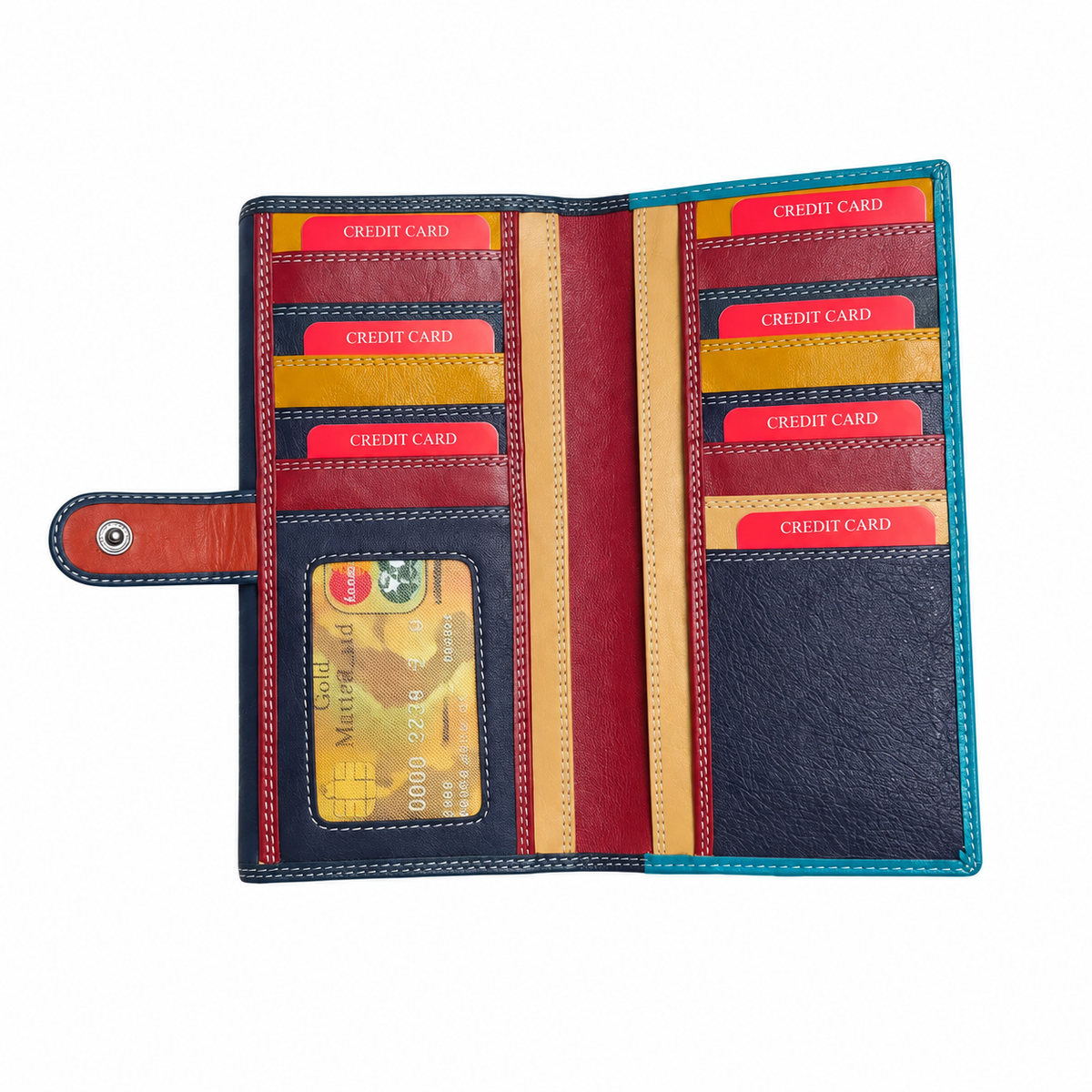 Migant Navy and Teal leather long wallet - open card slot view