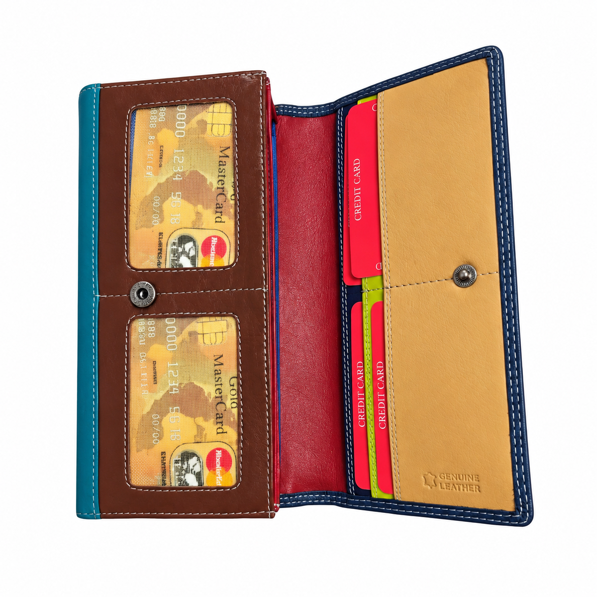 Migant Navy and Teal leather long wallet - open ID window view