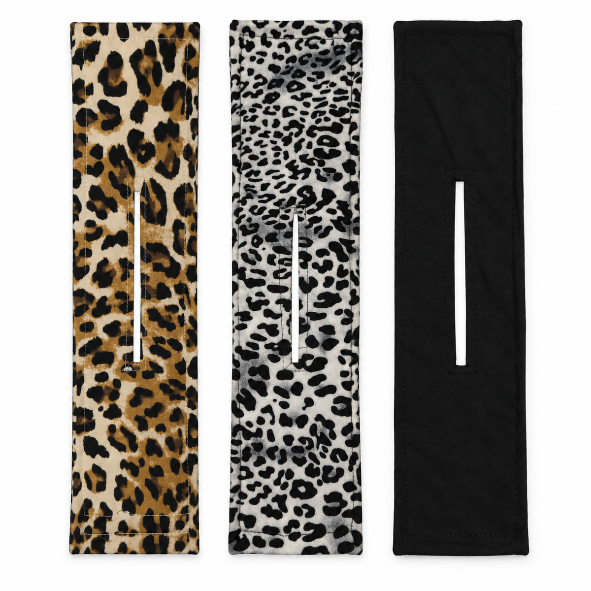 Migant bun wrap hairbands in gold leopard, black and white leopard, and solid black