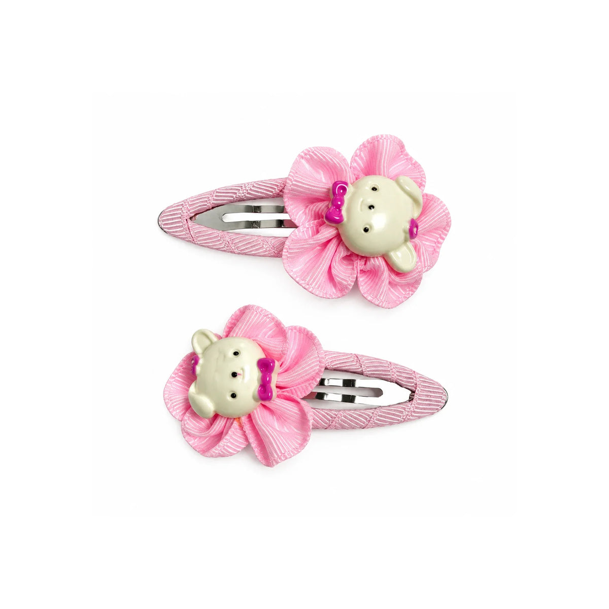 Pair of light pink ribbon flower snap hair clips with bear-style decorations