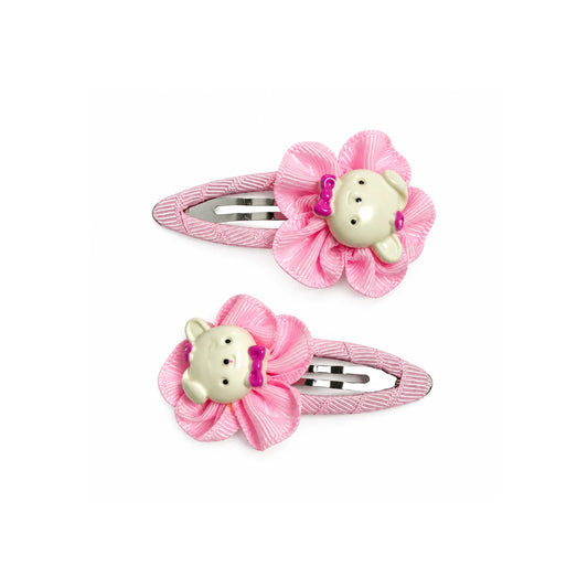 Pair of light pink ribbon flower snap hair clips with bear-style decorations