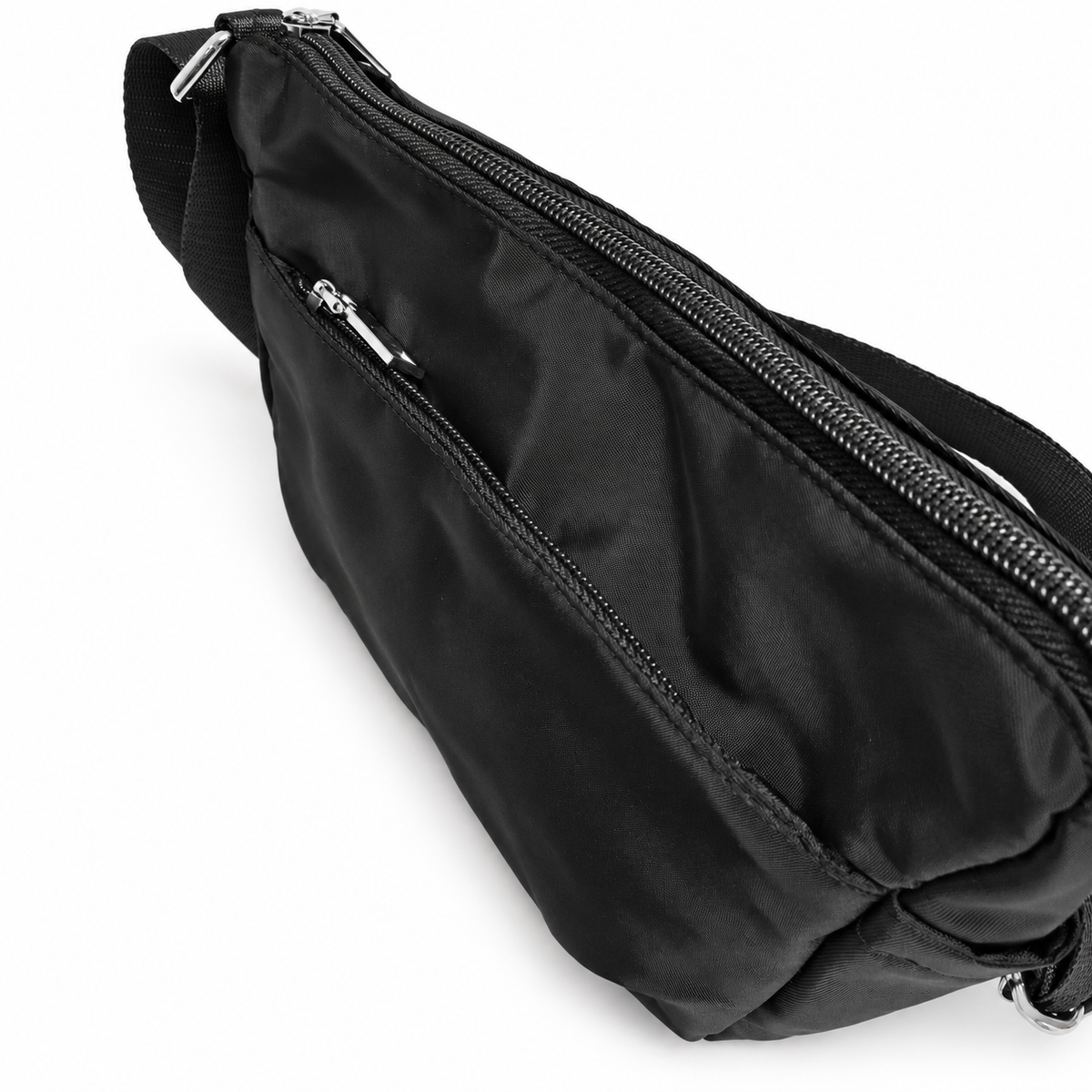 Migant men's black multi-pocket crossbody bag zipper detail