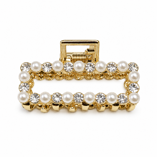 Migant pearl and rhinestone rectangular hair claw clip in gold