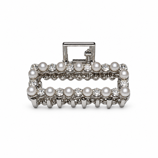 Migant pearl and rhinestone rectangular hair claw clip in silver