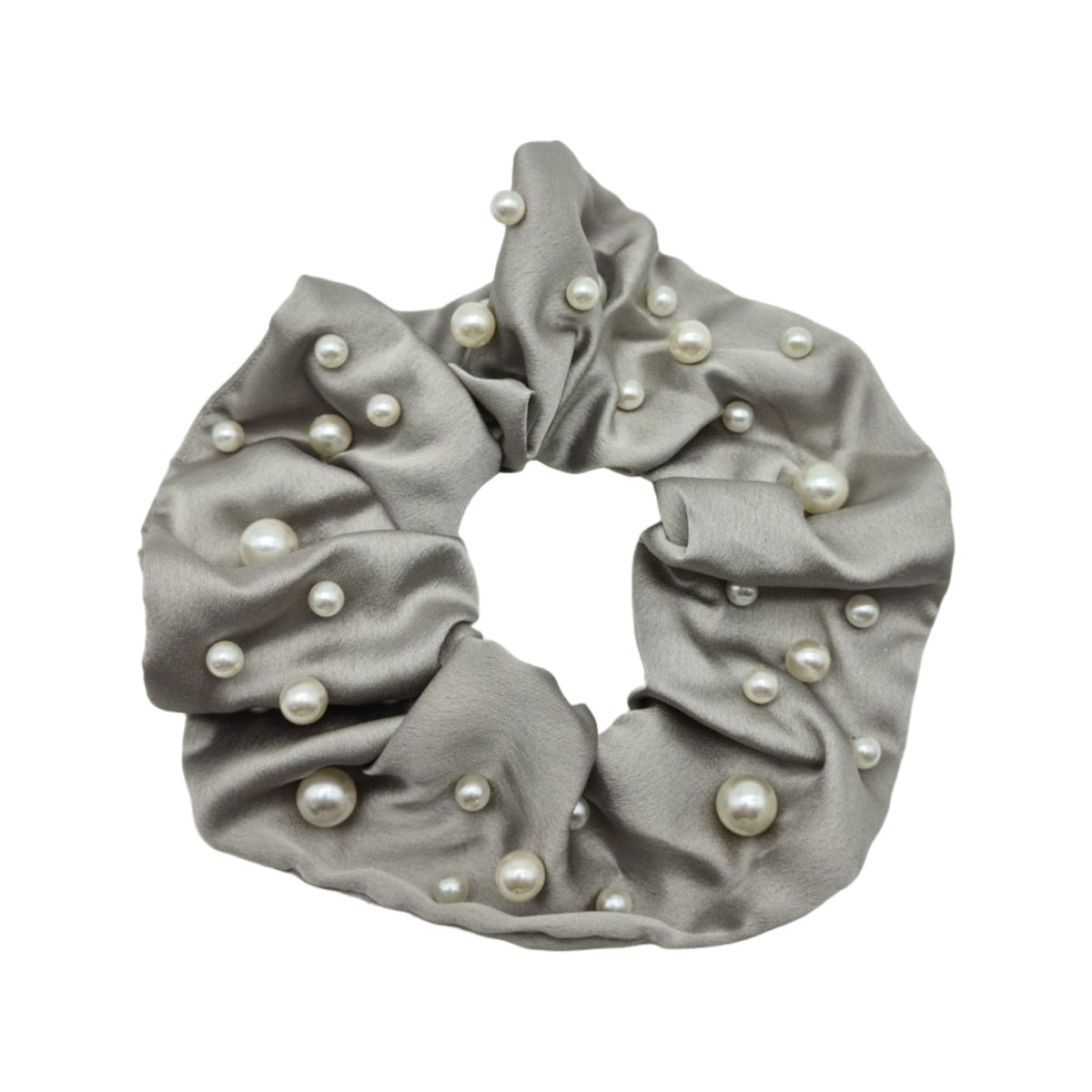 Migant Pearl Embellished Satin Scrunchies – Gray