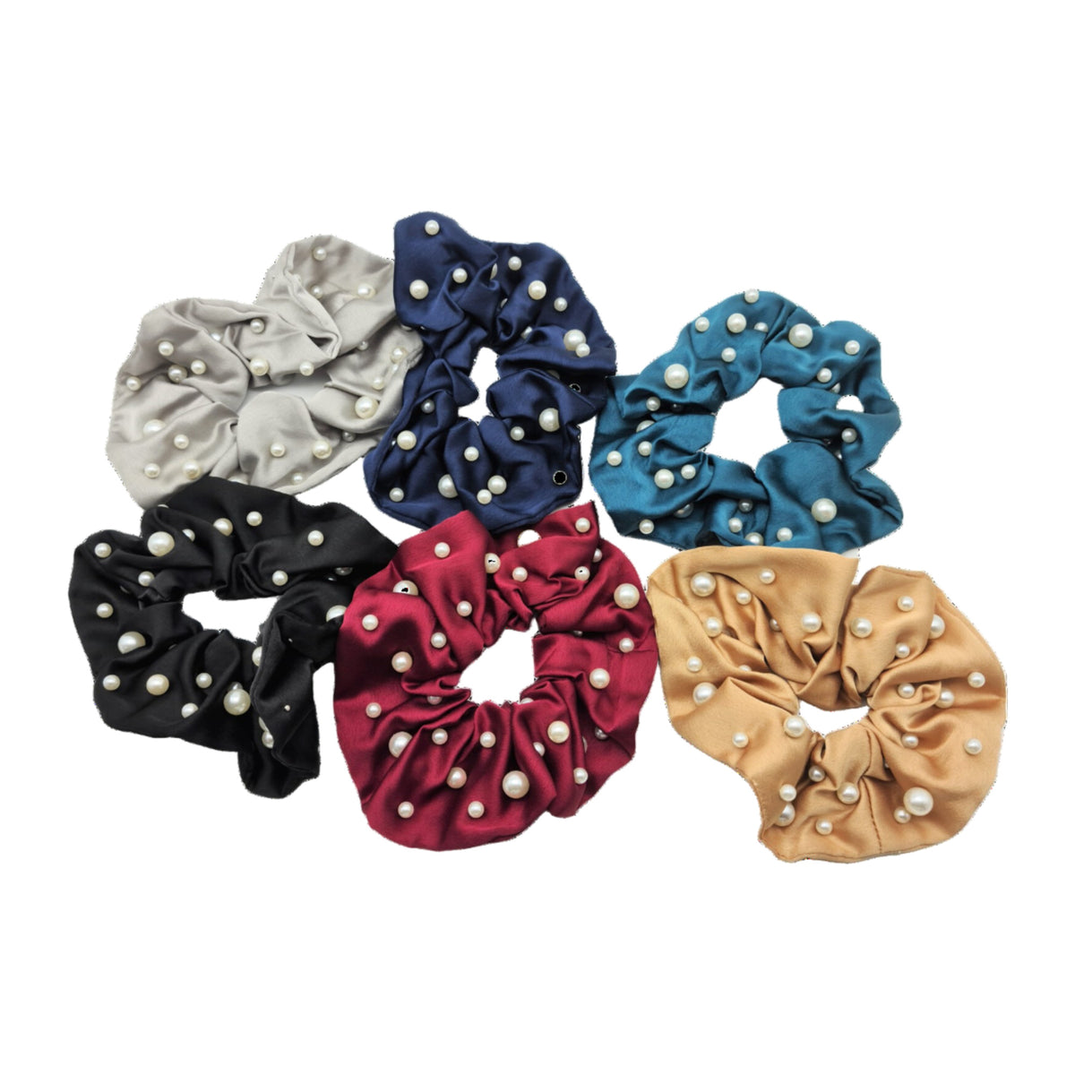 Migant Pearl Embellished Satin Scrunchies – Set of 6