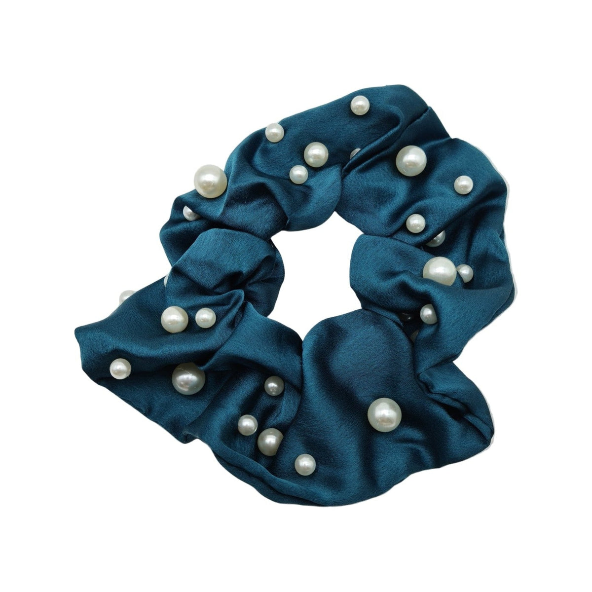 Migant Pearl Embellished Satin Scrunchies – Light Blue
