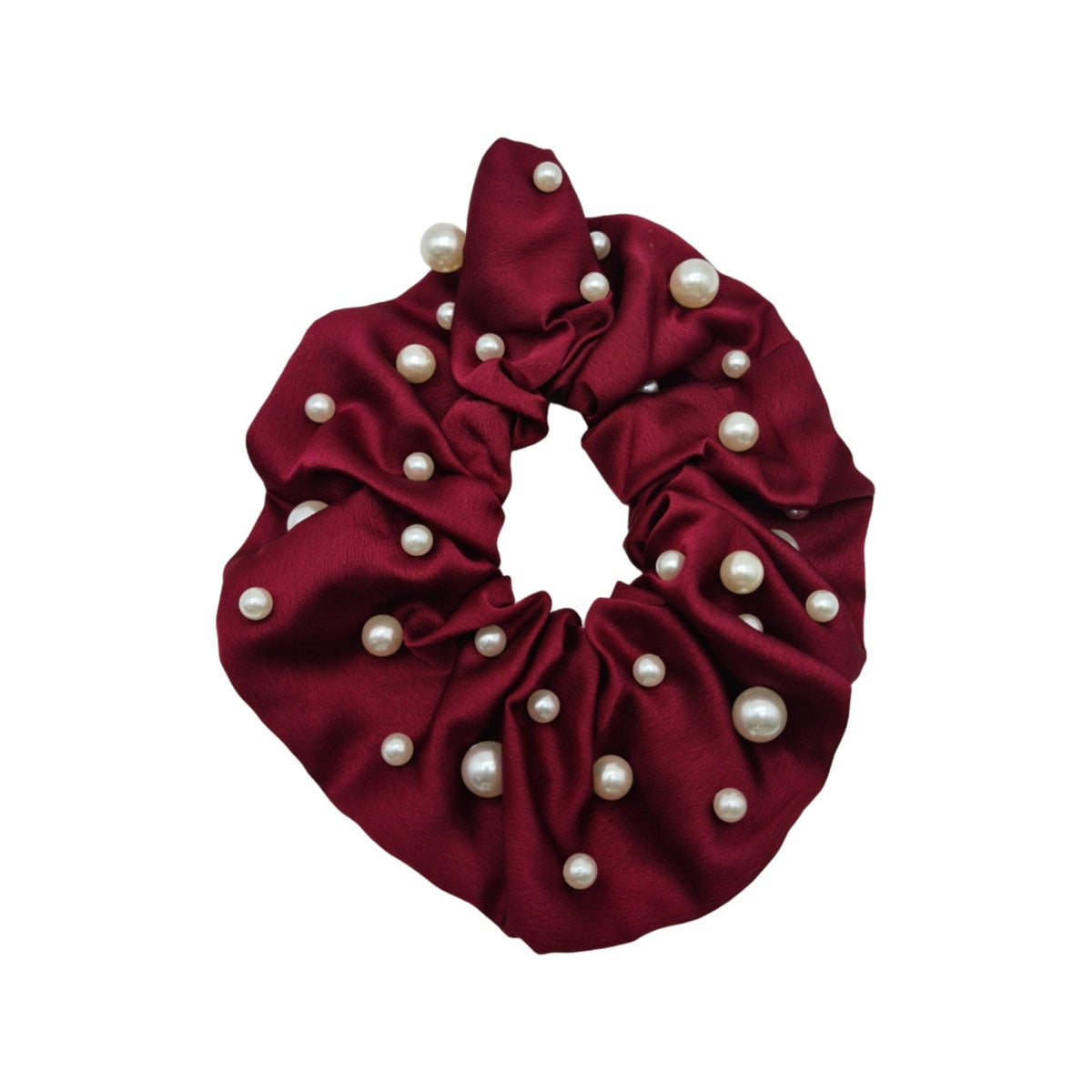 Migant Pearl Embellished Satin Scrunchies – Red