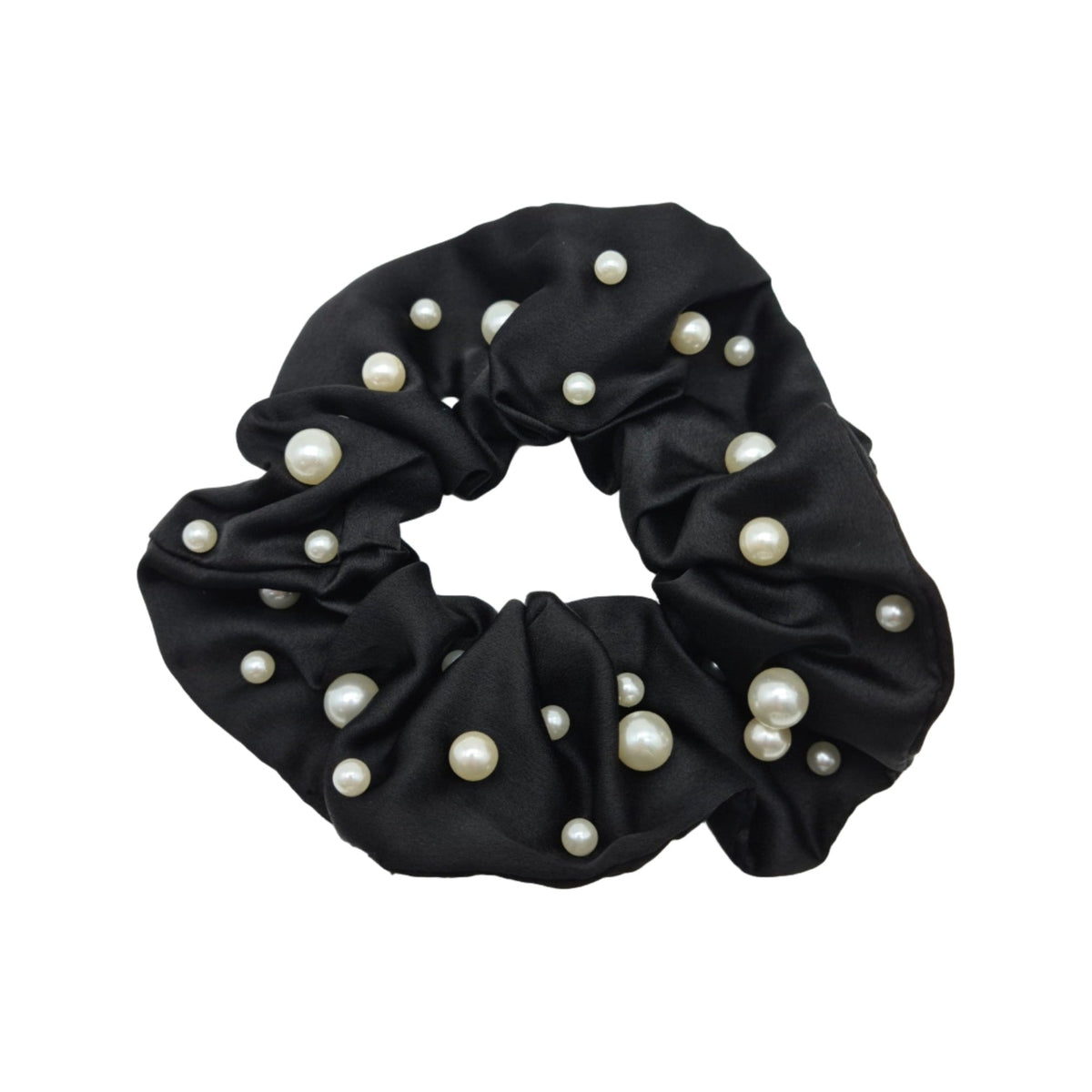 Migant Pearl Embellished Satin Scrunchies – Black