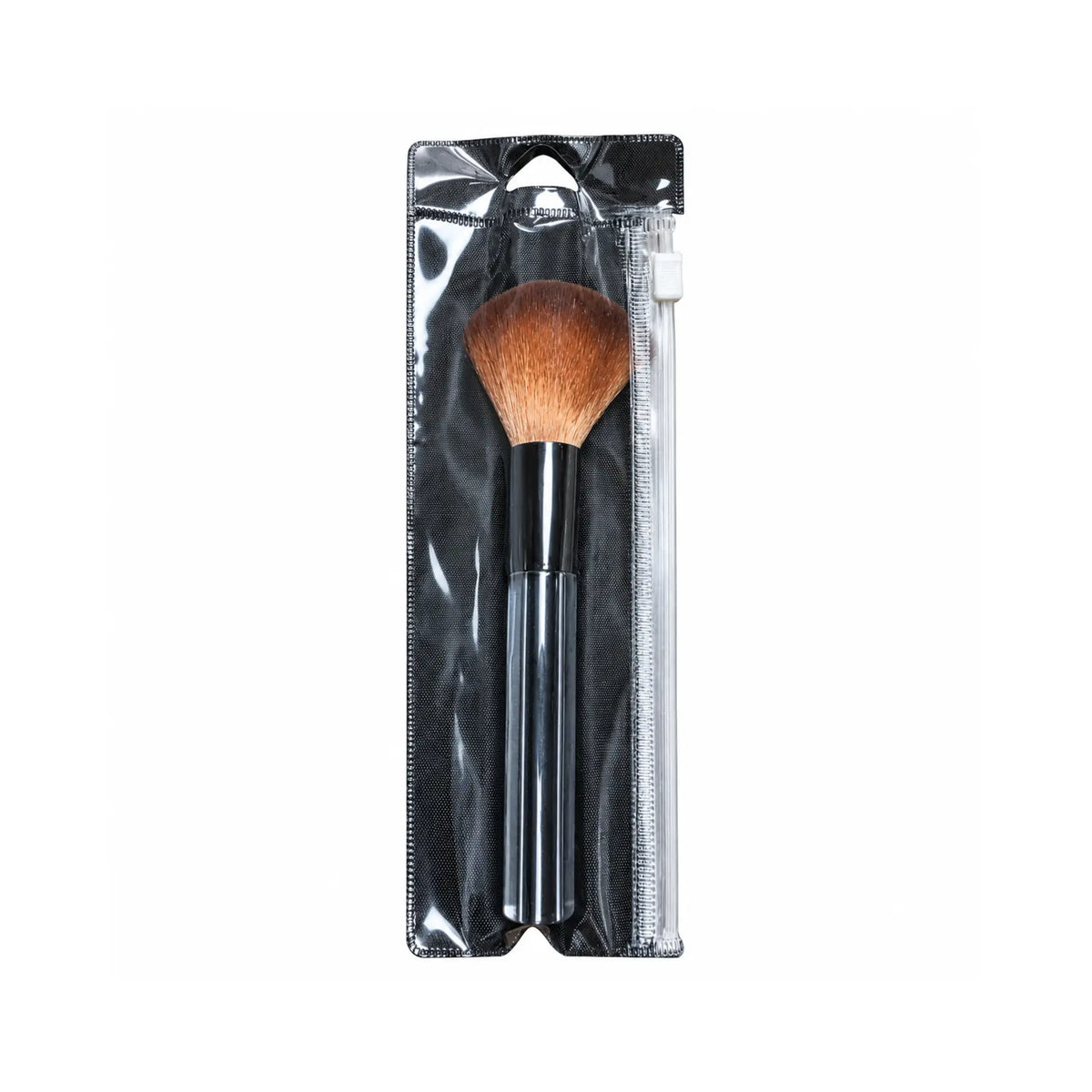 Brown-bristled makeup powder brush with black handle in a zip pouch