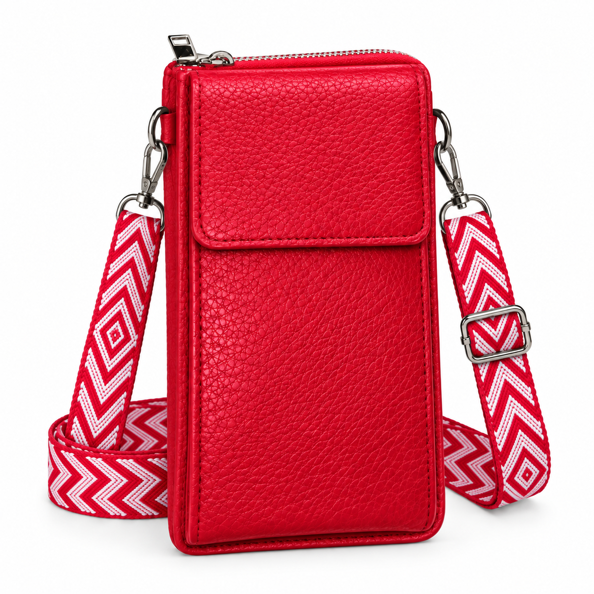 Red pebbled phone crossbody bag with red and white geometric strap, front view