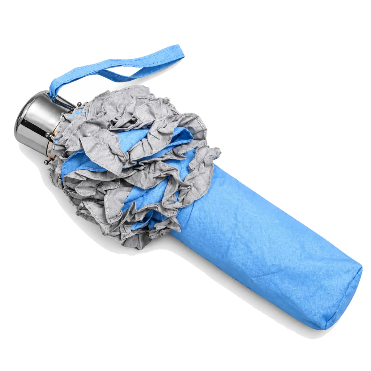 Folded light blue ruffled compact umbrella on pure white background
