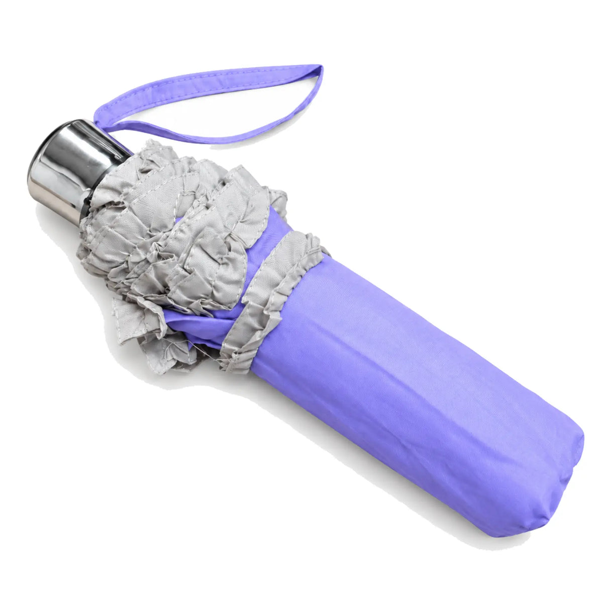 Folded lilac ruffled compact umbrella on pure white background