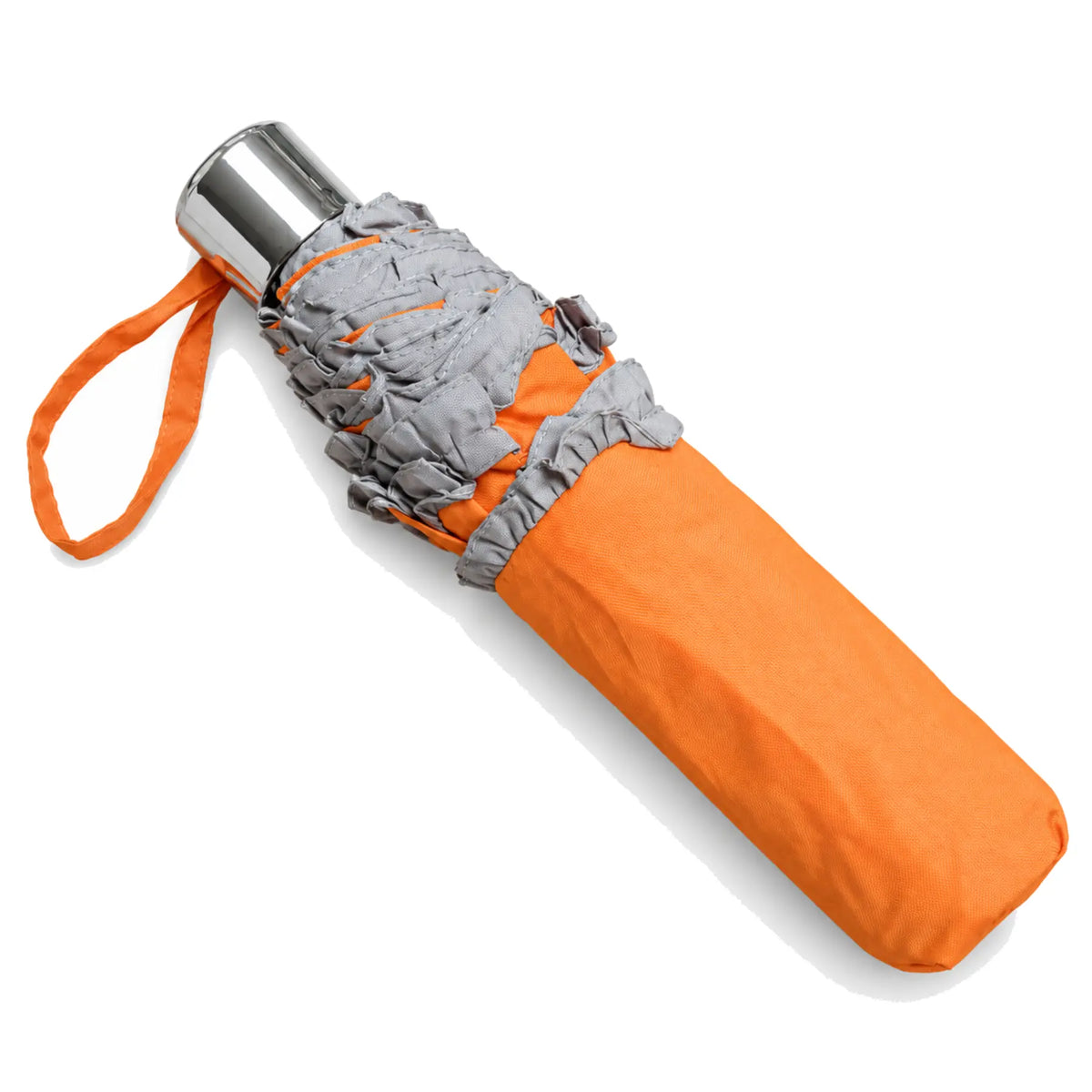 Folded orange ruffled compact umbrella on pure white background