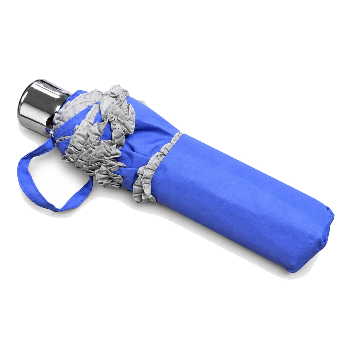 Folded periwinkle blue ruffled compact umbrella on pure white background