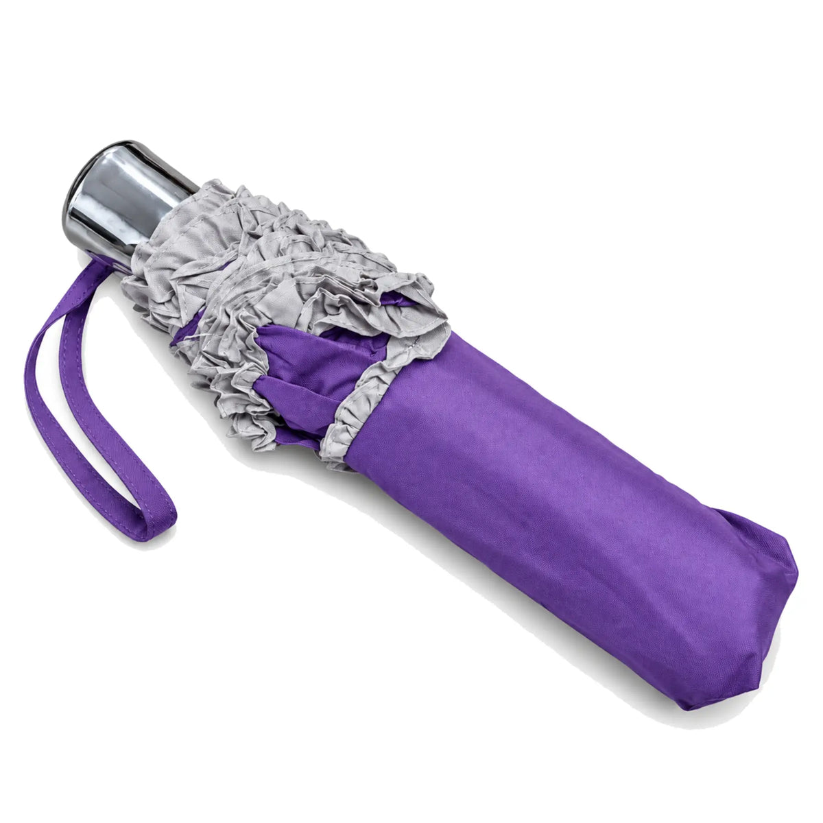 Folded purple ruffled compact umbrella on pure white background