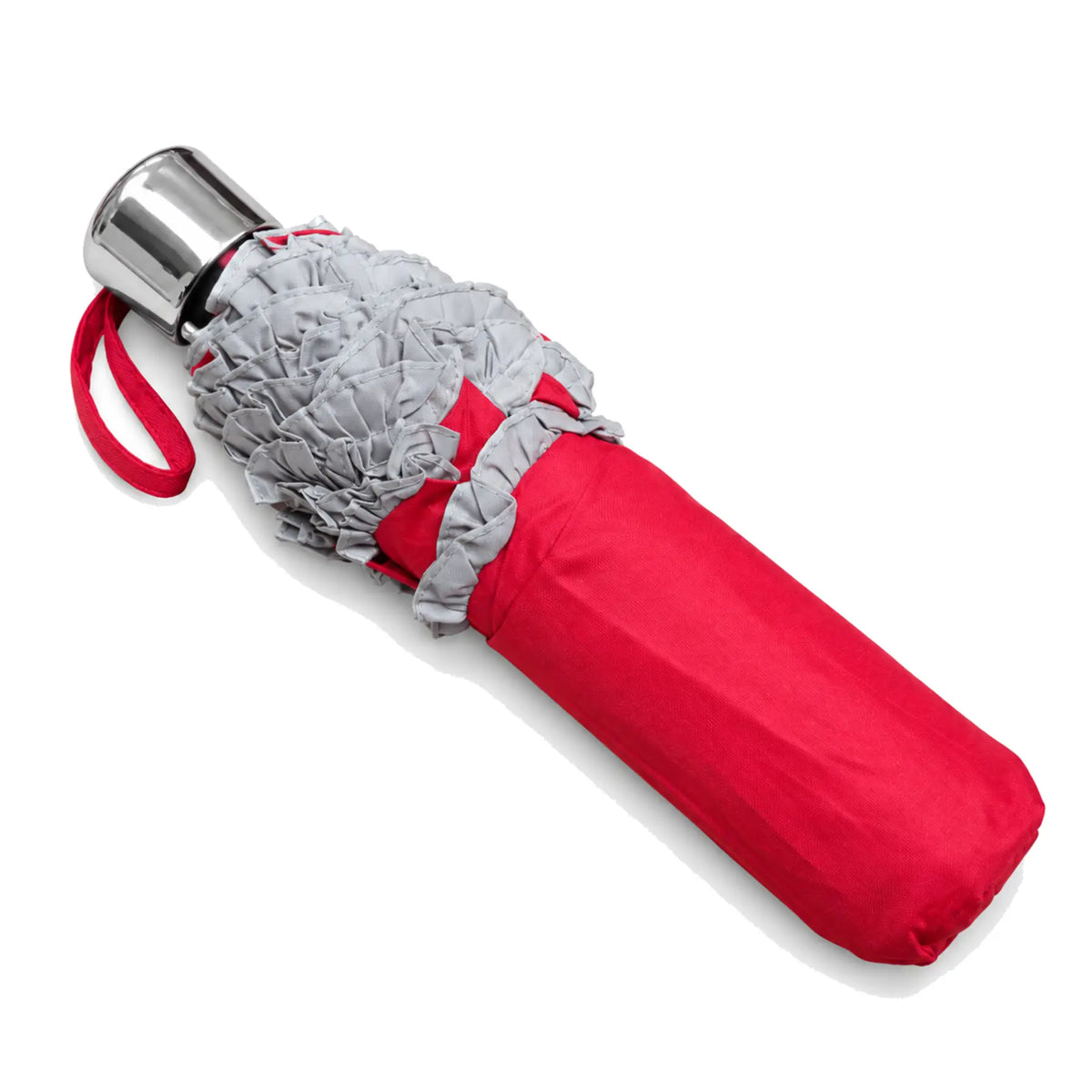 Folded red ruffled compact umbrella on pure white background
