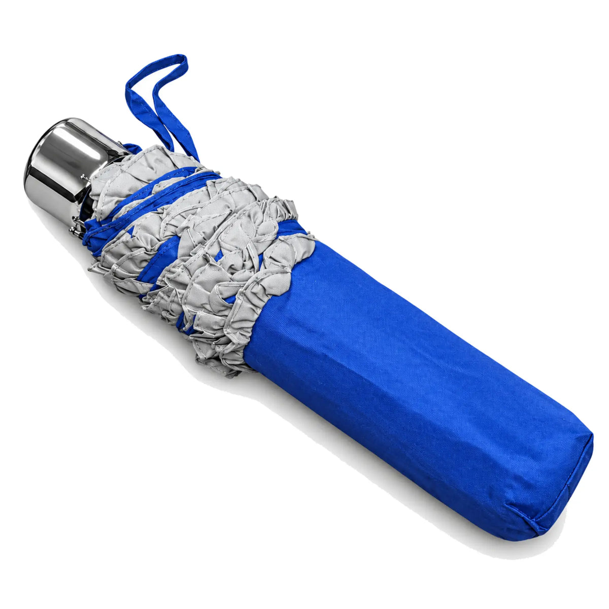 Folded royal blue ruffled compact umbrella on pure white background