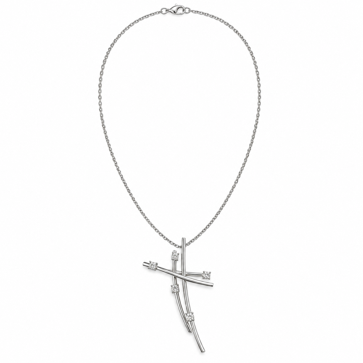 Migant silver abstract geometric rhinestone necklace, full view