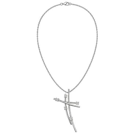 Migant silver abstract geometric rhinestone necklace, full view