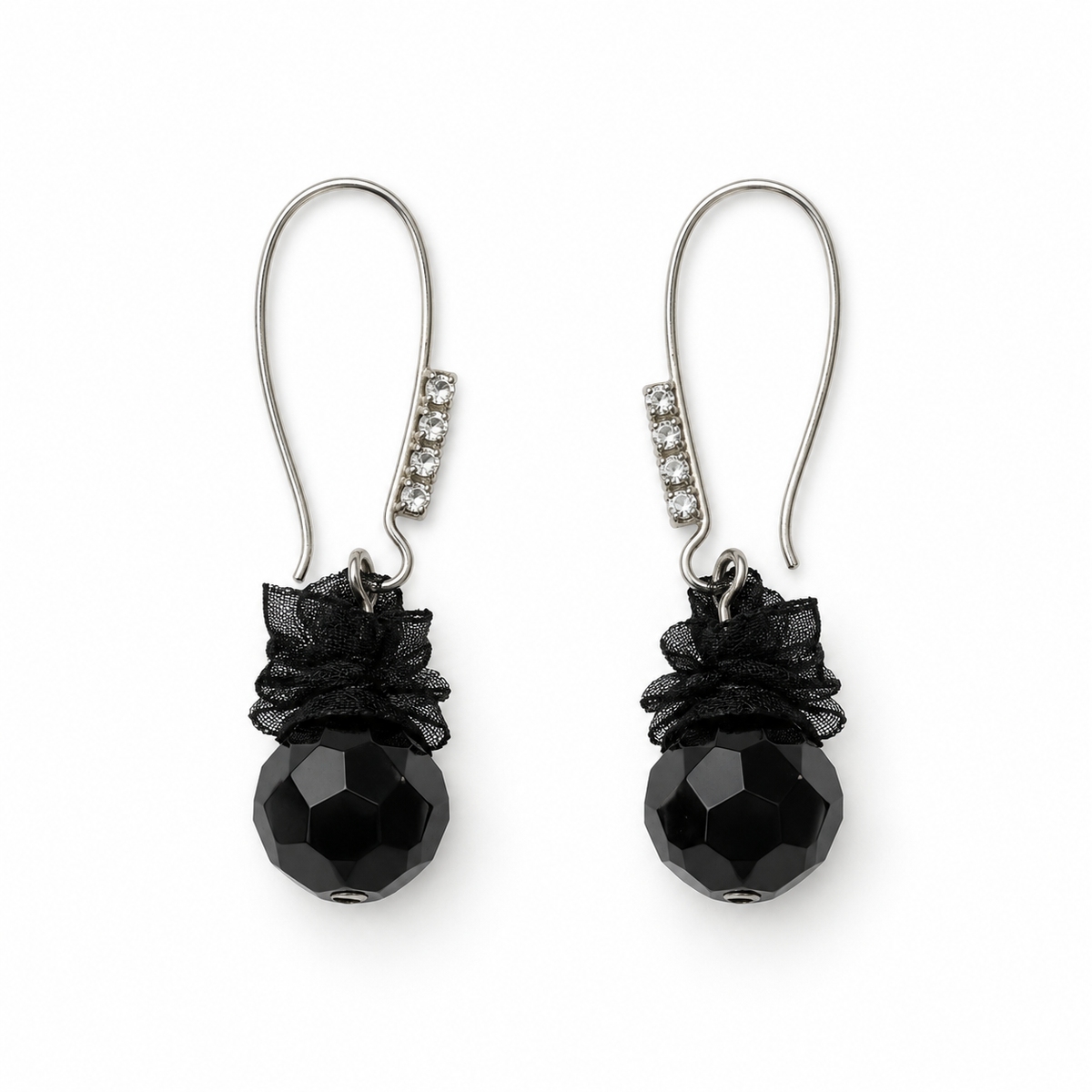 Migant women's black faceted bead drop earrings front view