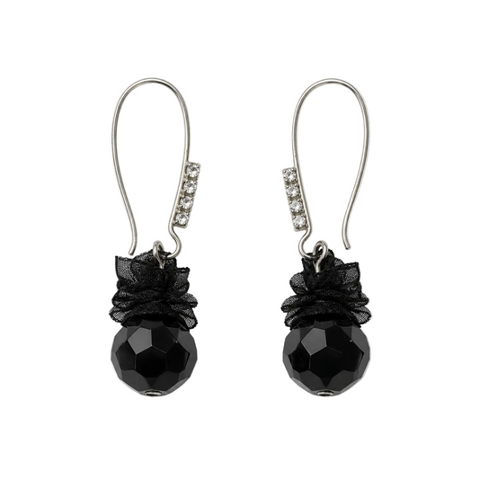 Migant women's black faceted bead drop earrings front view