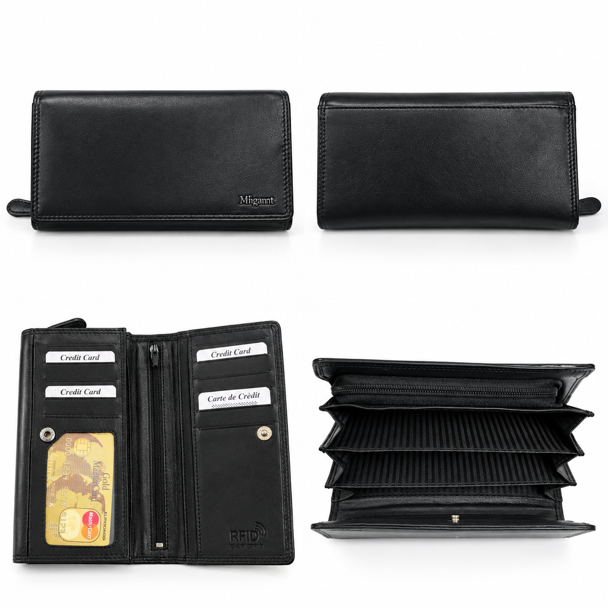 Migant women's black long wallet with card slots, zip pocket and accordion compartments
