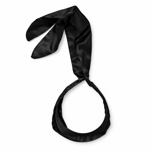 Migant women's black satin tie headband open view