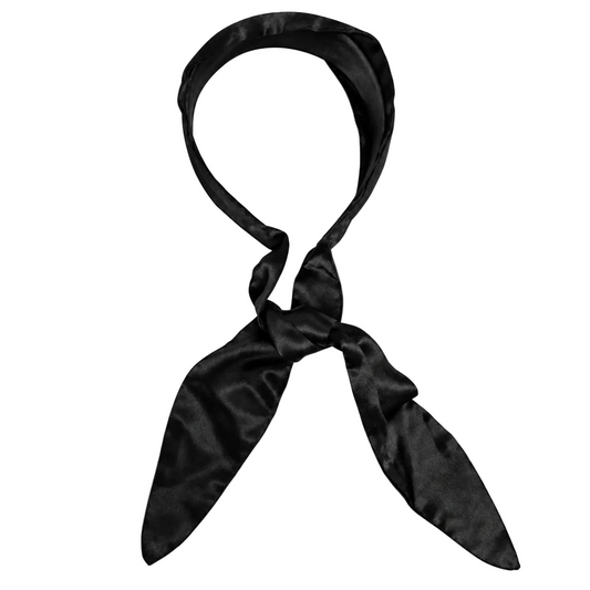 Migant women's black satin tie headband tied view