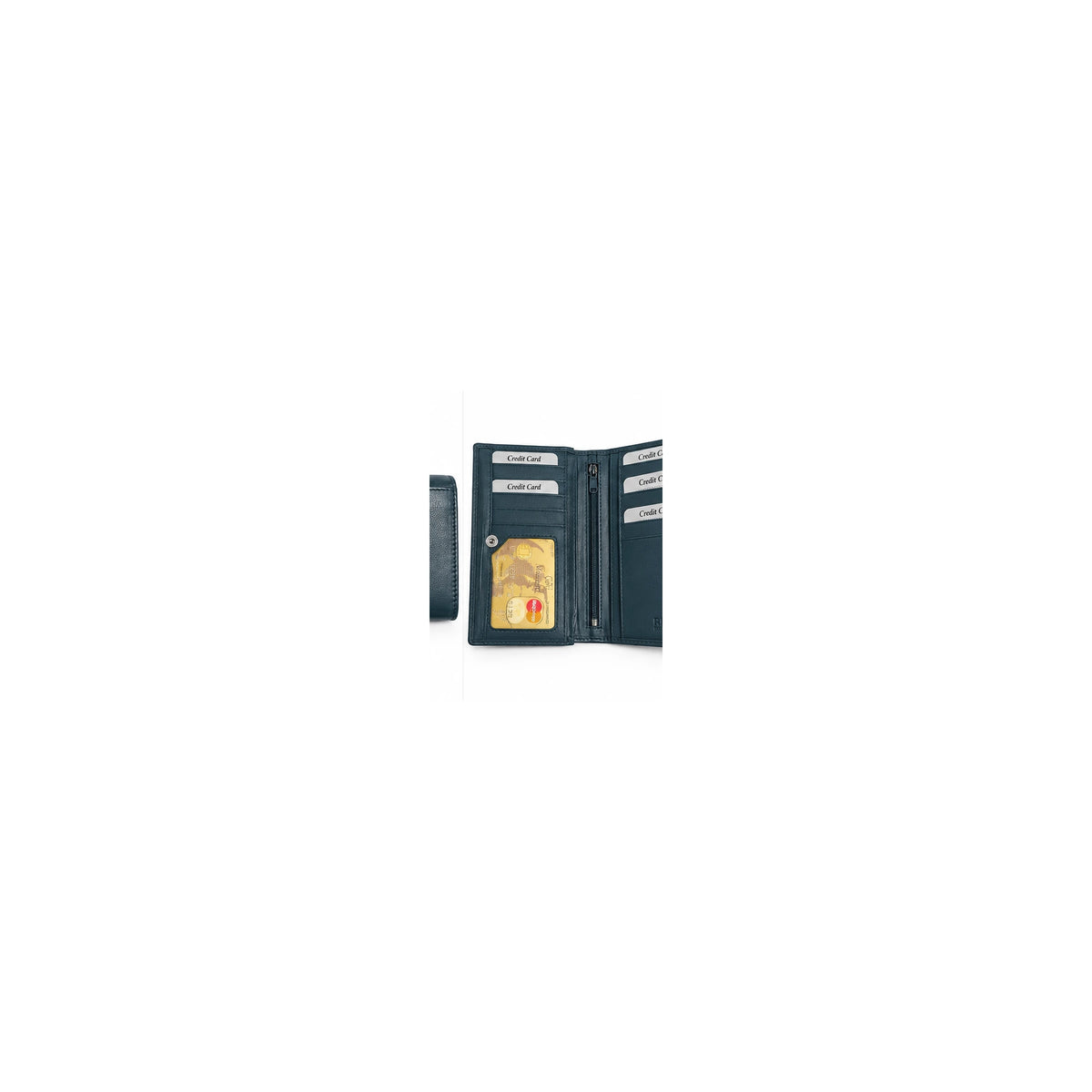 Migant women's long RFID wallet in dark teal - interior view