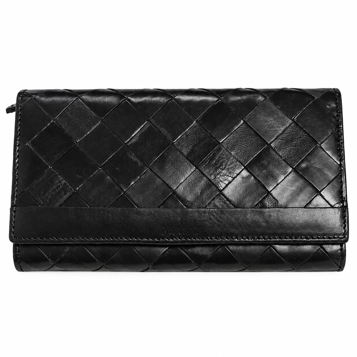 Black woven long wallet by Migant closed front view