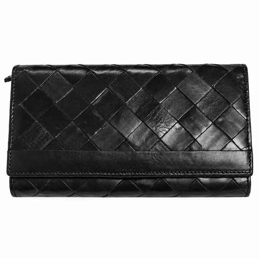 Black woven long wallet by Migant closed front view