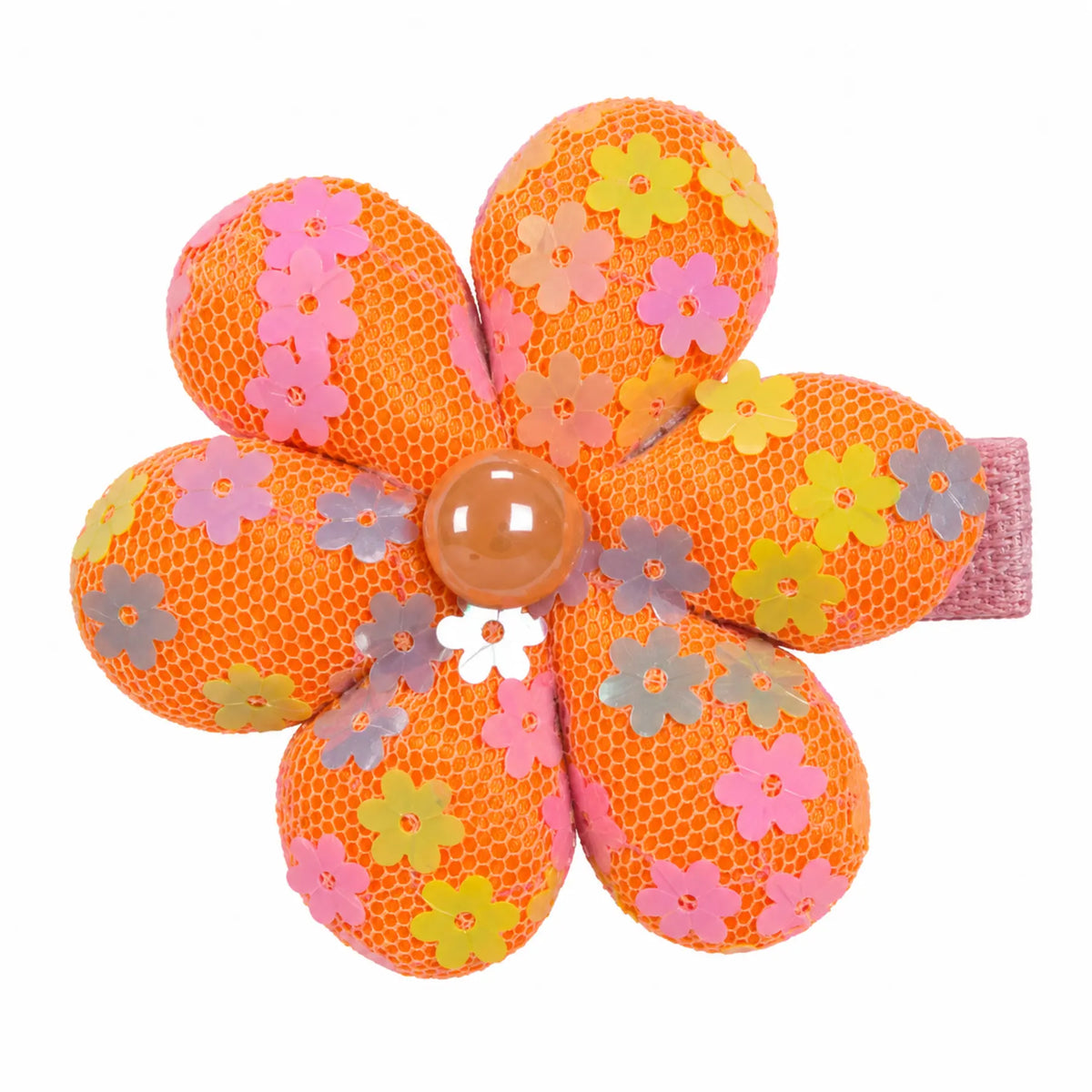 Orange floral mesh flower hair clip with pastel sequins