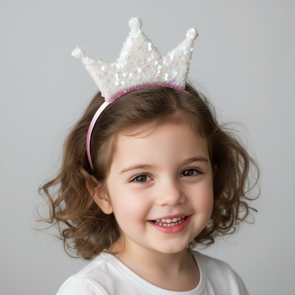 A children's hair accessory garland with a white and silver crown design on a pink base.