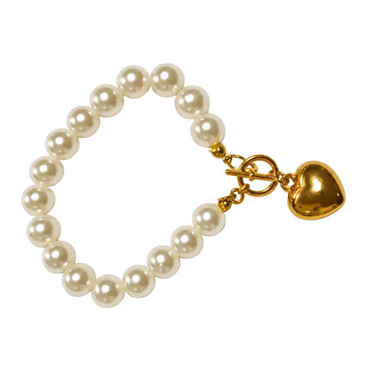 Ivory pearl-style bracelet with gold-tone heart charm