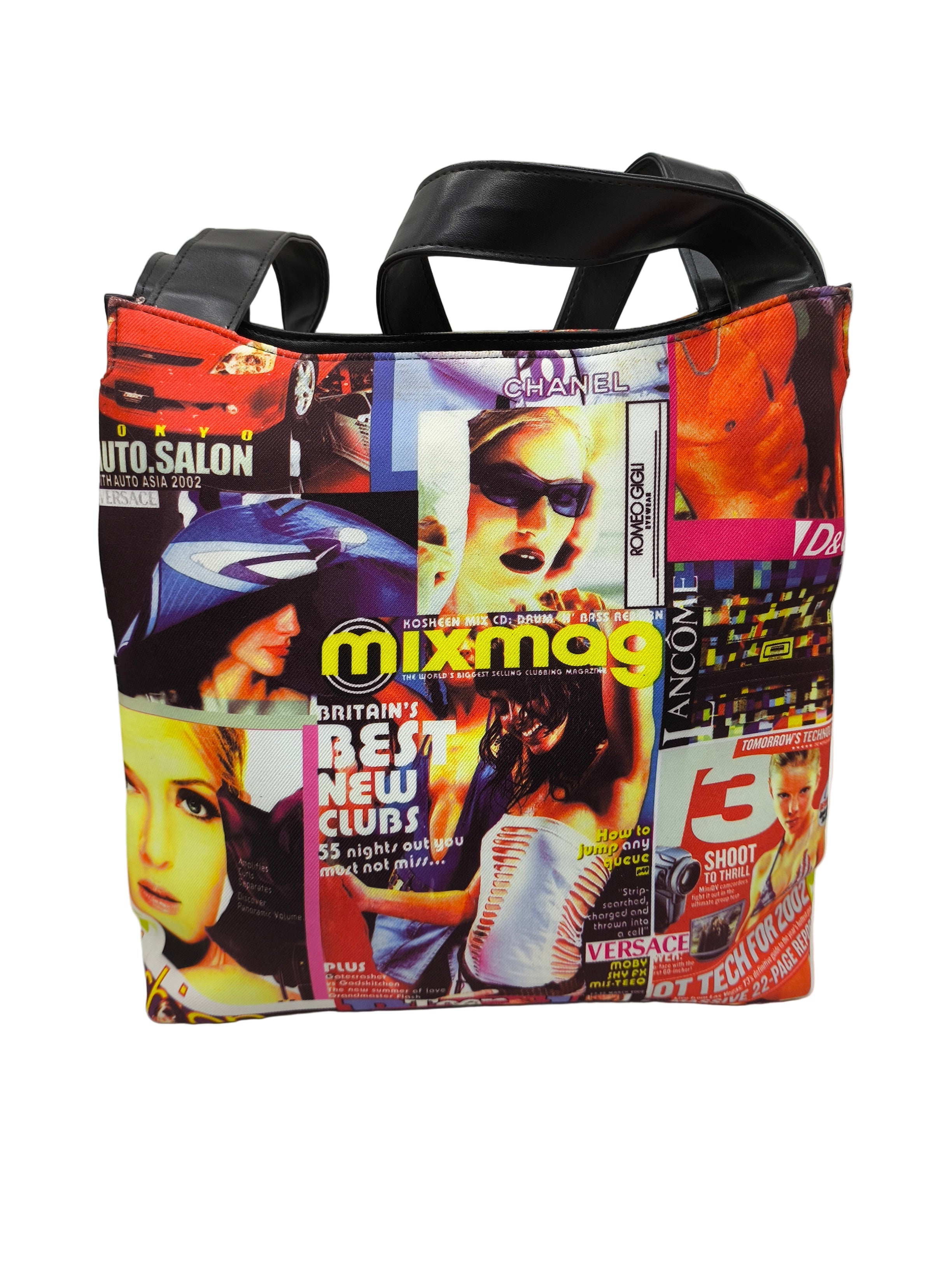 Tote bag with magazine collage design on a white background
