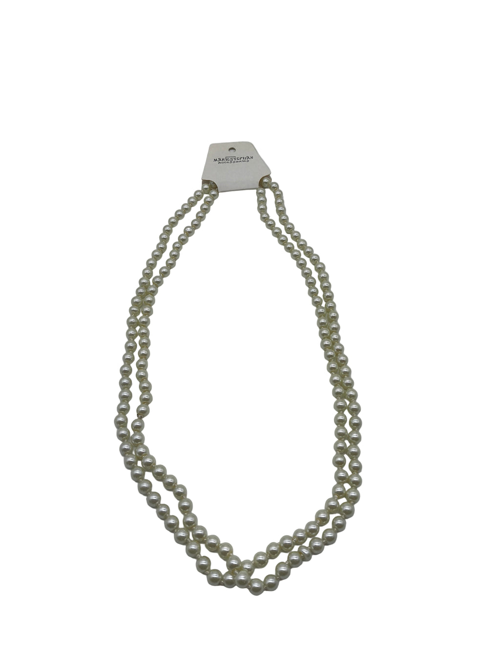 Pearl necklace on a white background with a visible brand label.