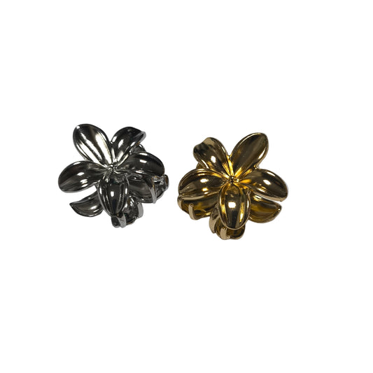 Two flower-shaped earrings, one silver and one gold, on a white background.