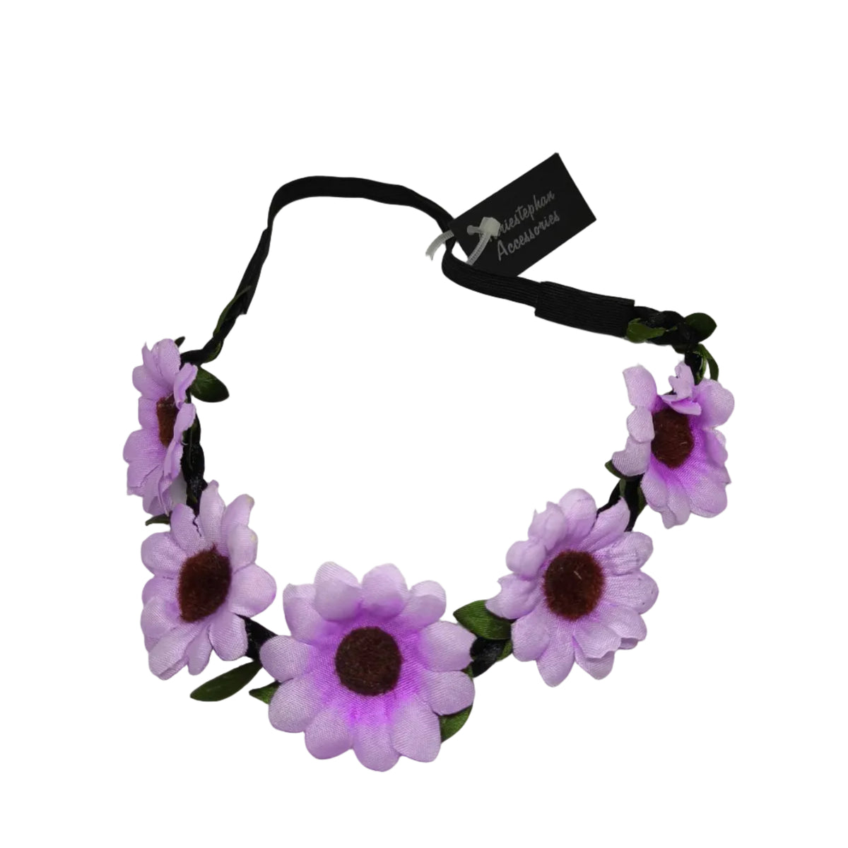 Purple flower headband with a black band on a white background