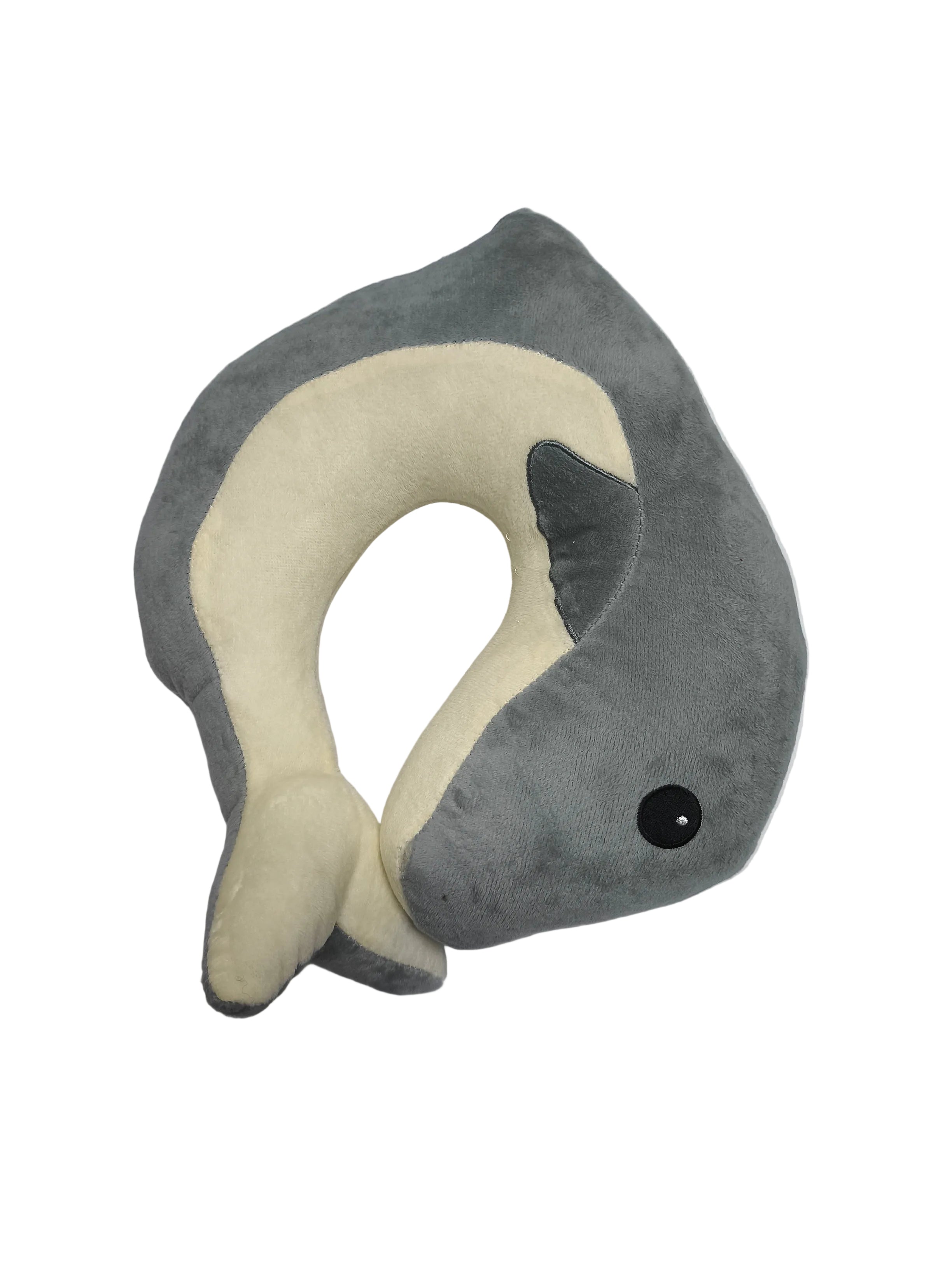 Gray and beige shark-shaped neck pillow on a white background