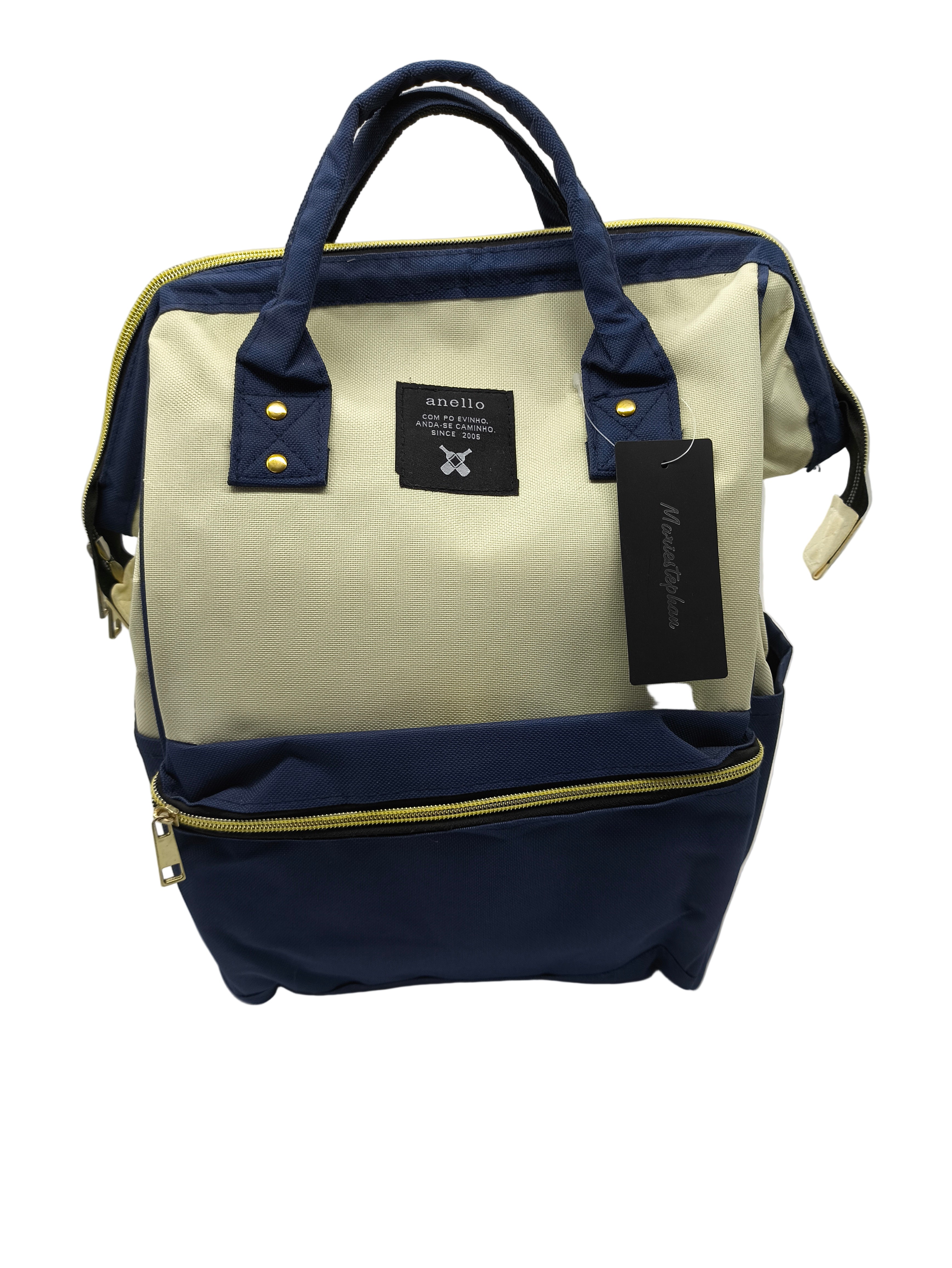 Navy and beige backpack with a visible brand tag on a white background