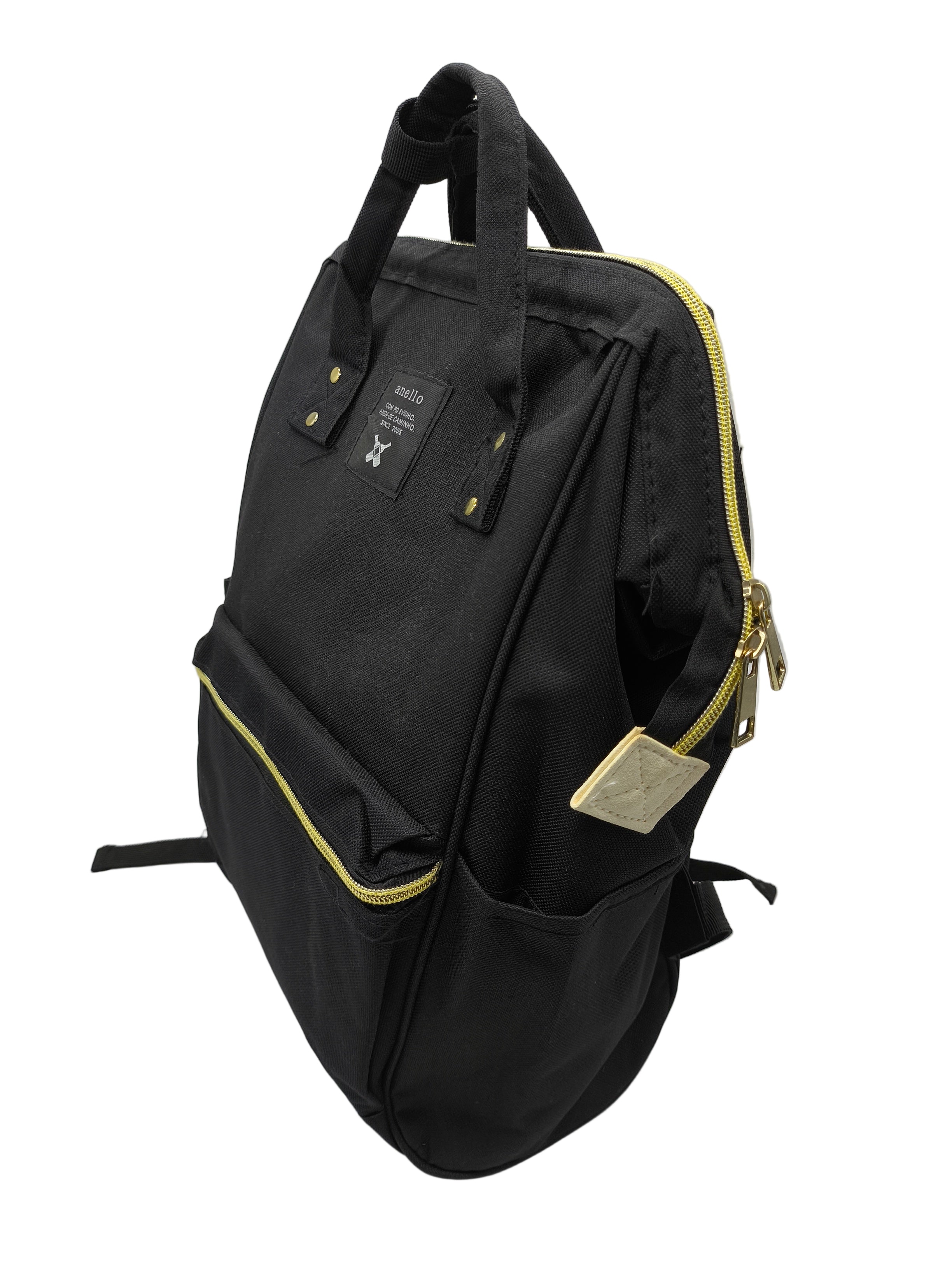 Black backpack with gold zippers on a white background