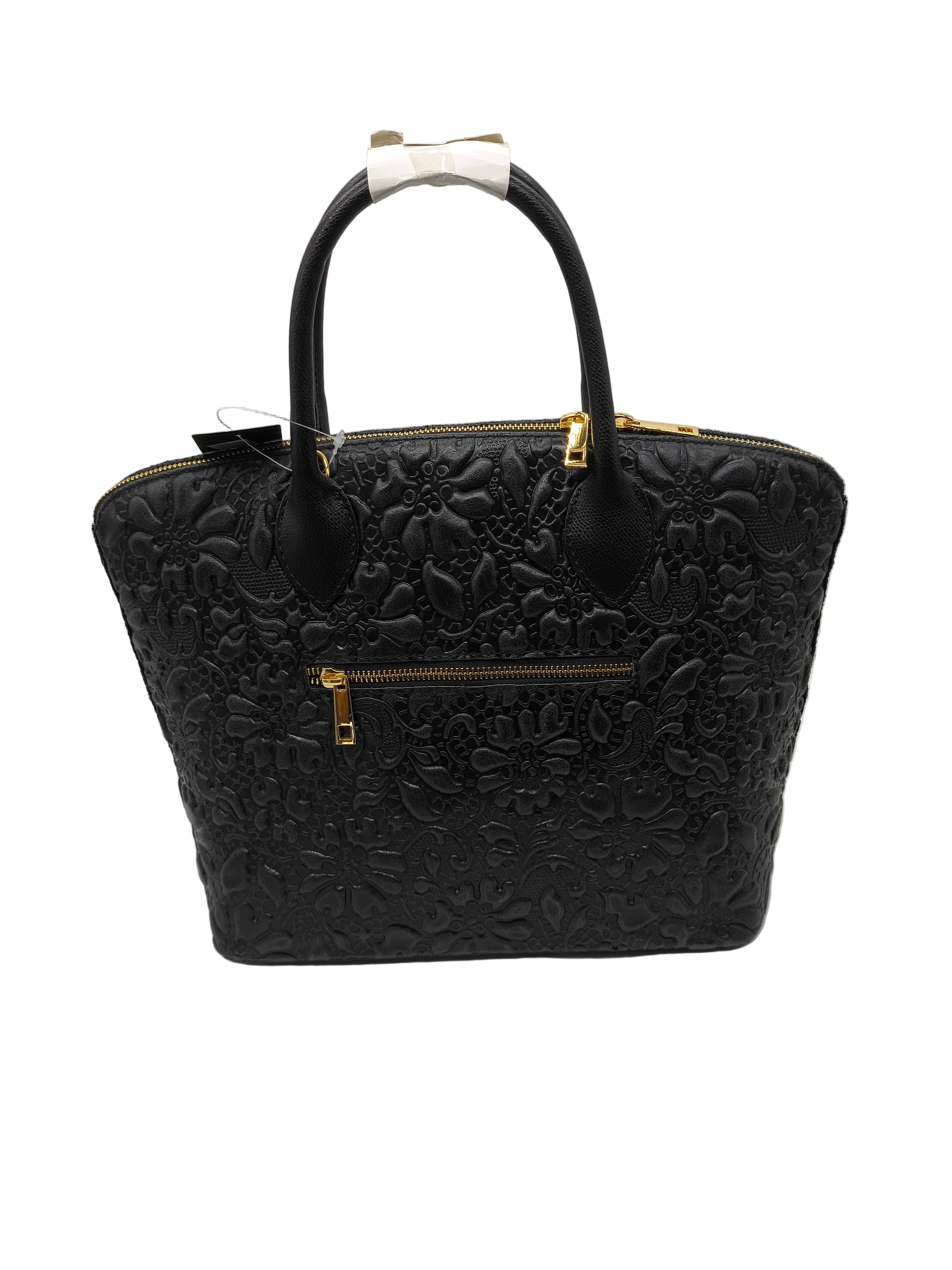 Black textured handbag with gold accents on a white background