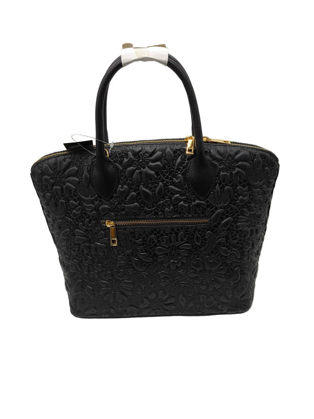 Black textured handbag with gold accents on a white background