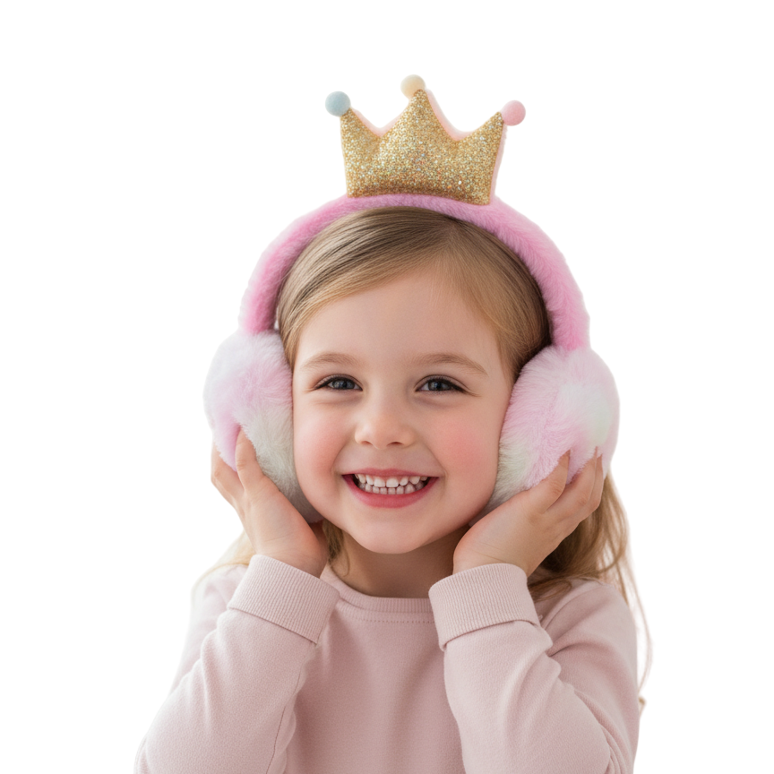 Child wearing pink earmuffs with a gold crown