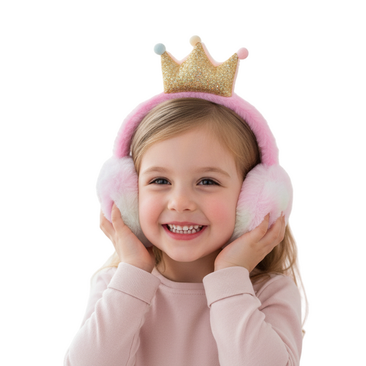 Child wearing pink earmuffs with a gold crown